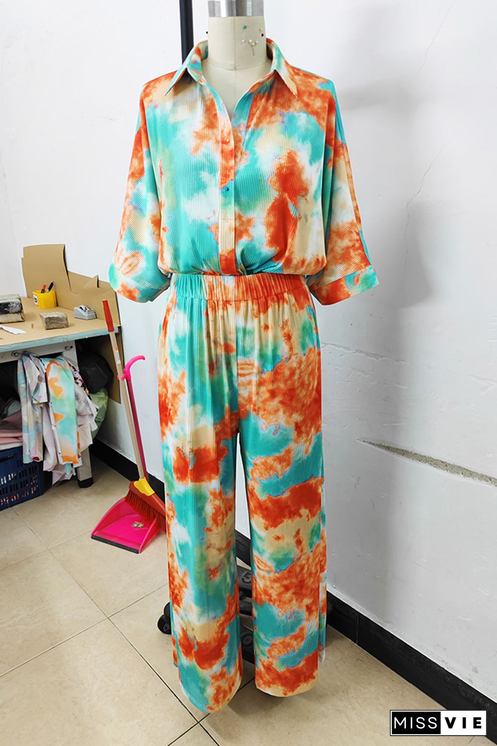 Pleated Tie Dye Buttoned Wide Leg Jumpsuit