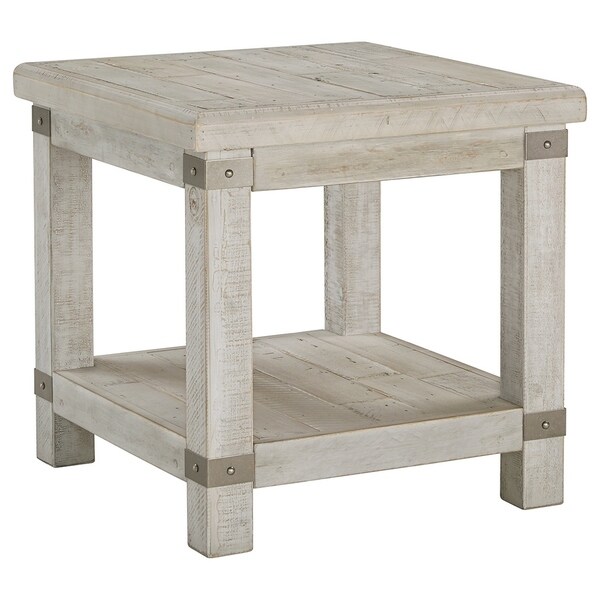 Cottage Style Wooden End Table with Corner Metal Accent， White