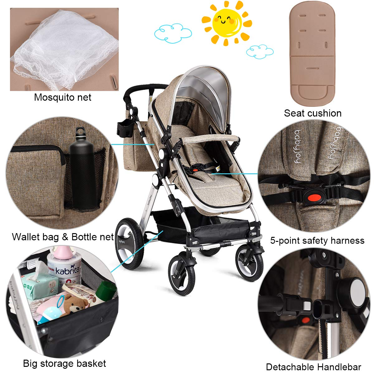 BABY JOY Baby Stroller, 2-in-1 Convertible Bassinet Reclining Stroller, Foldable Pram Carriage with 5-Point Harness