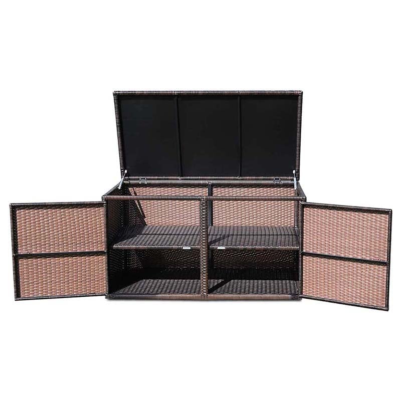 88 Gallon Patio Wicker Storage Box Rattan Deck Bench with Openable Door