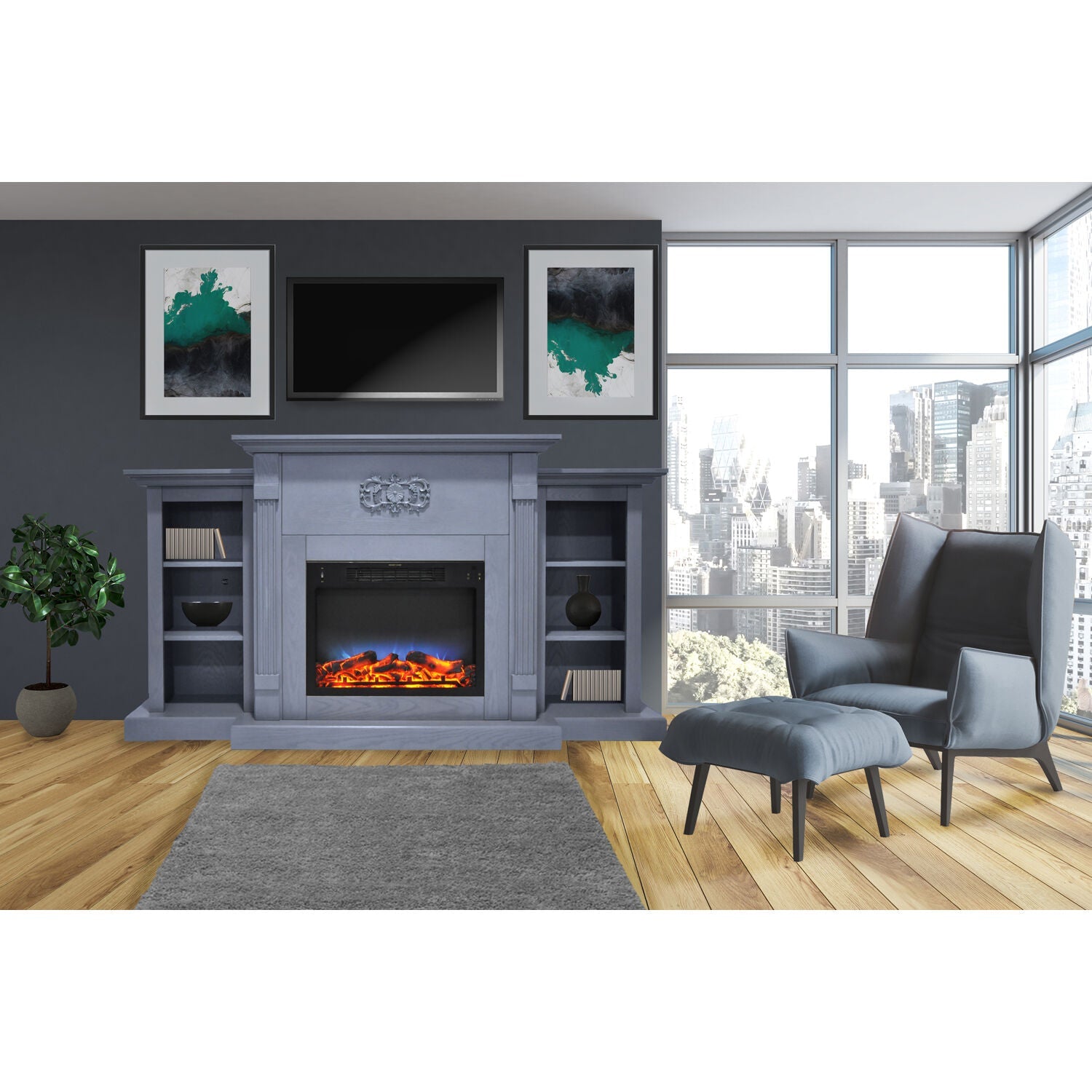 Cambridge Sanoma 72'' Electric Multi-Color LED Fireplace with Charred Log Insert | For Rooms up to 210 Sq.Ft | Remote | Slate Blue Mantel | Dual Heat Settings | Storage | Timer