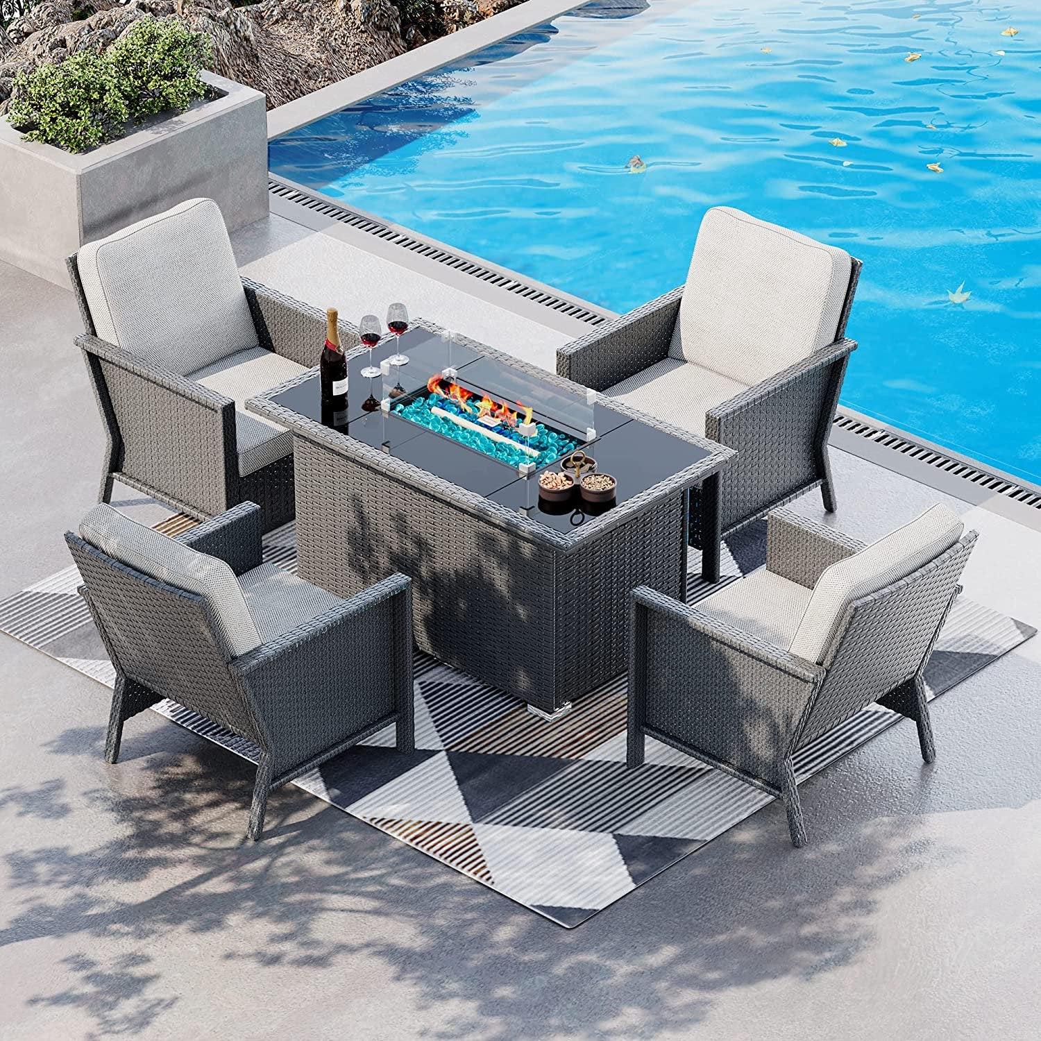 5 Pc Outdoor Patio Furniture Set, Gas FirePit Table, and Sectional Furniture High Backrest Patio Sofa, All-Weather PE Wicker Rattan Patio Conversation Chairs Set with Cushions for Yard Garden