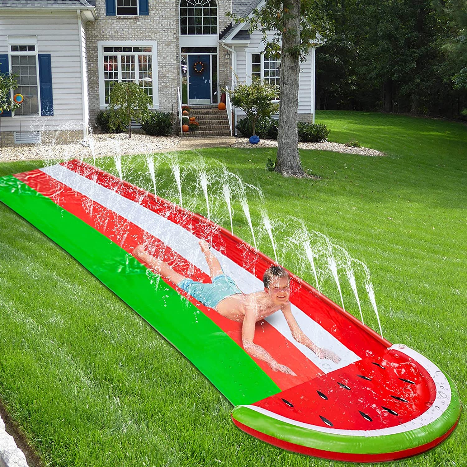 Intera 16 Ft Watermelon Slip Slide Lawn Water Slides with Sprinkler Inflatable Crash Splash Pad Outdoor Water Toys for Kids Toddlers Children Backyard Summer Beach Swimming Pool Games Party Toys