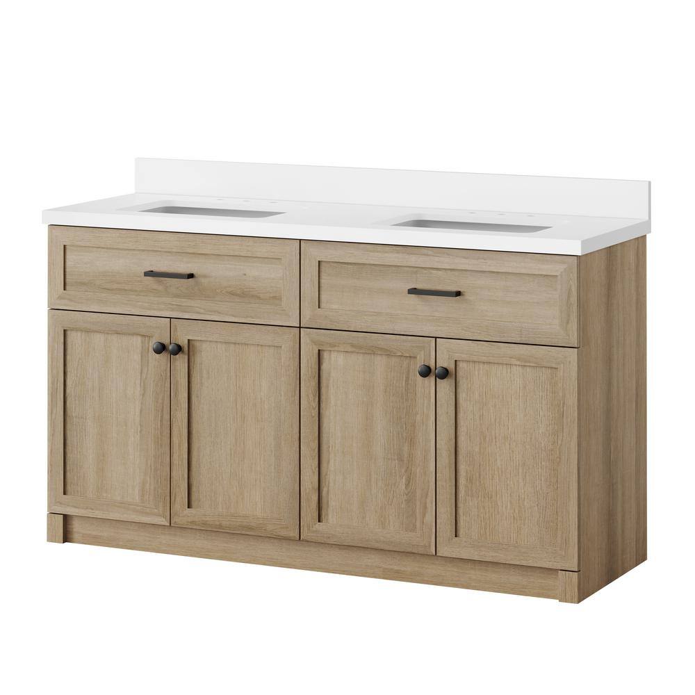 Home Decorators Collection 60 in. W x 34.5 in. H x 20 in. D Bath Vanity in Light Oak with White Engineered Stone Top HDTC60VW