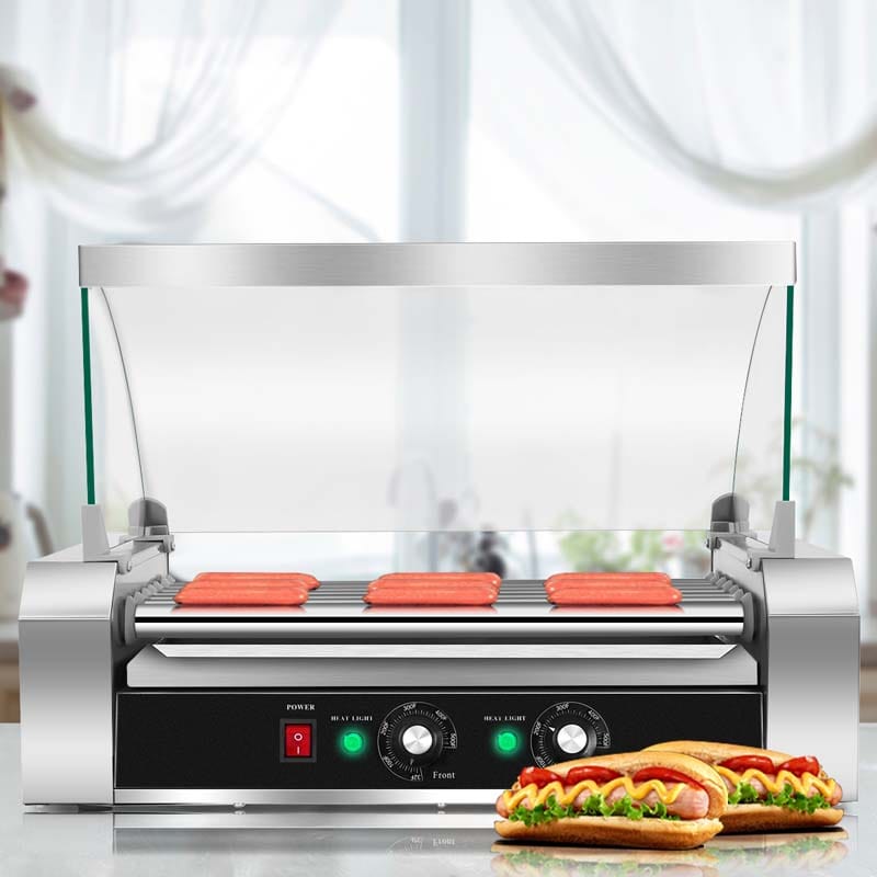 7 Non-Stick Roller 18 Hot Dog Roller Sausage Grill Cooker Machine with Glass Hood Cover, Commercial Household Hot Dog Rotisserie