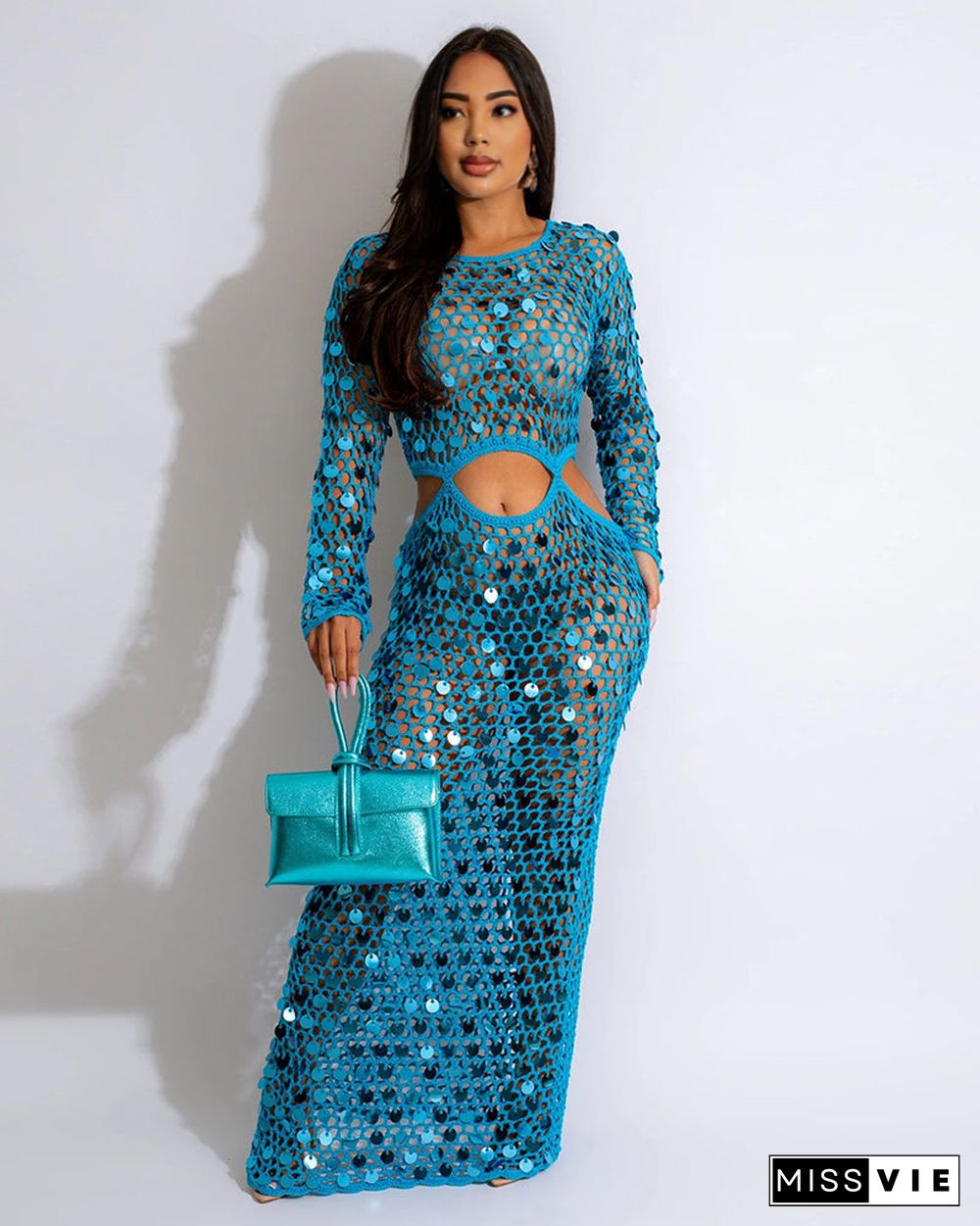 NET AND SEQUINS MAXI DRESS