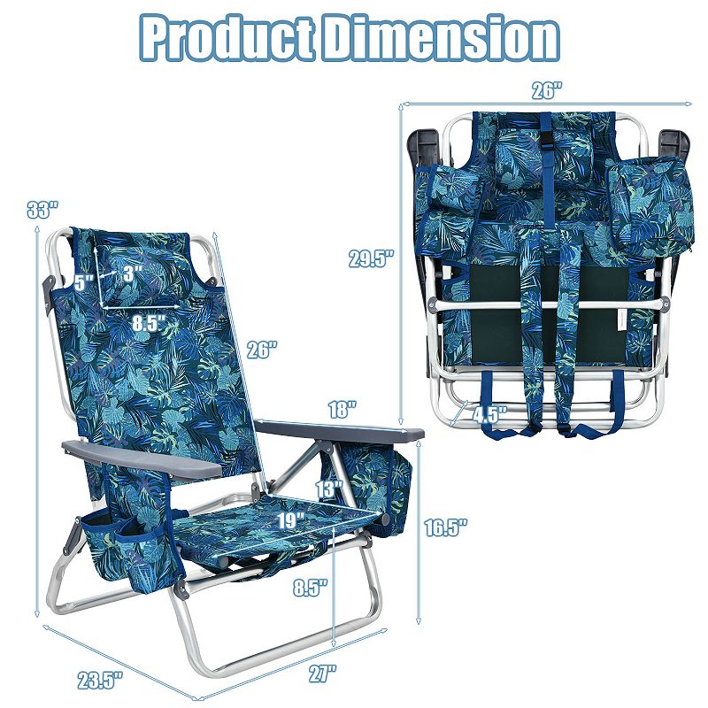 2-Pack Folding Backpack Beach Chair 5-Position Outdoor Reclining Chairs with Pillow