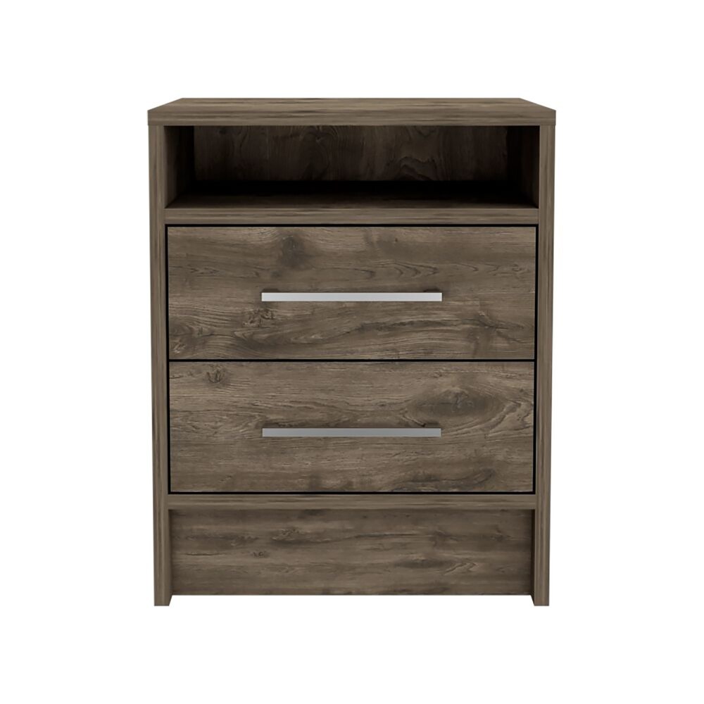 Wooden Nightstand with Two Drawers and Metal Handles