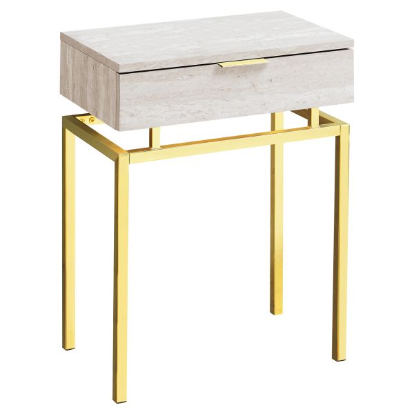 Accent Table， Side， End， Nightstand， Lamp， Storage Drawer， Living Room， Bedroom， Beige Marble Look Laminate， Gold Metal， Contemporary， Modern