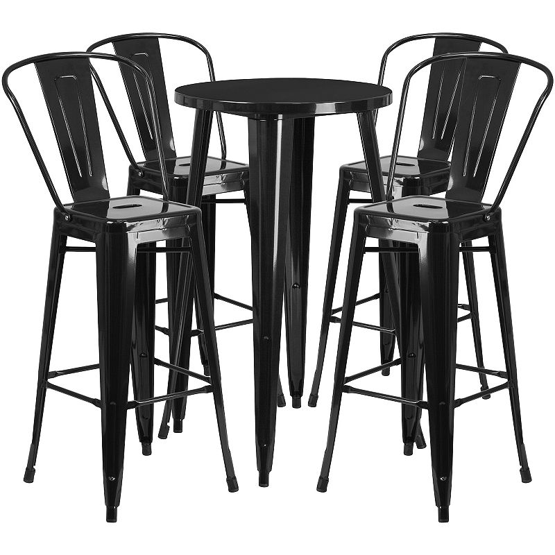 Merrick Lane Eleanore 5 Piece Outdoor Dining Set in Blue with 24 Round Table and 4 Slatted Back Bar Stools with Footrests