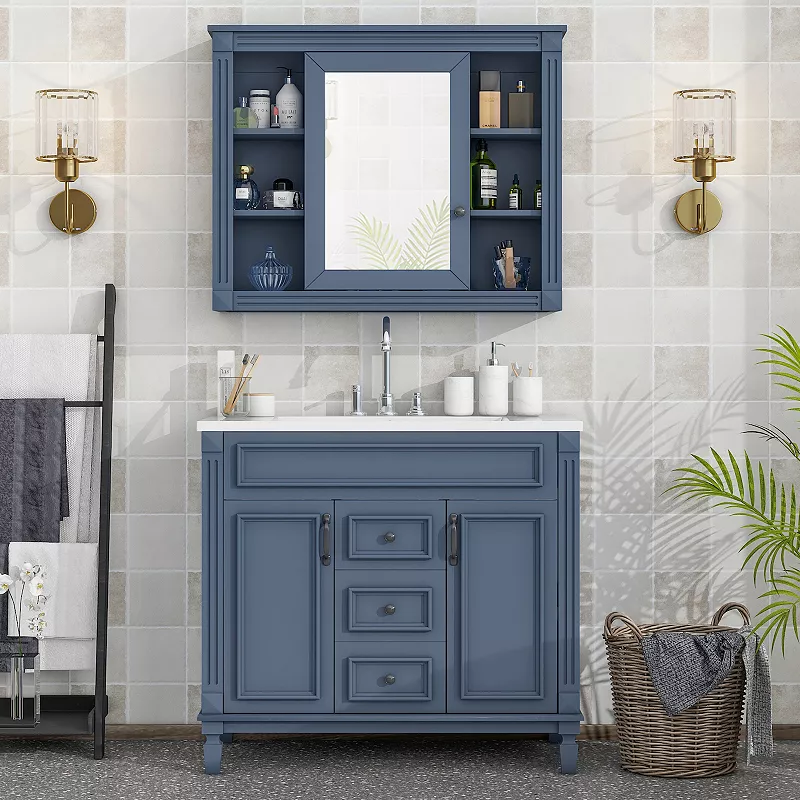 F.C Design 36'' Bathroom Vanity with Top Sink - Royal Blue Mirror Cabinet， Modern Storage Cabinet with 2 Doors and 2 Drawers - Single Sink Vanity