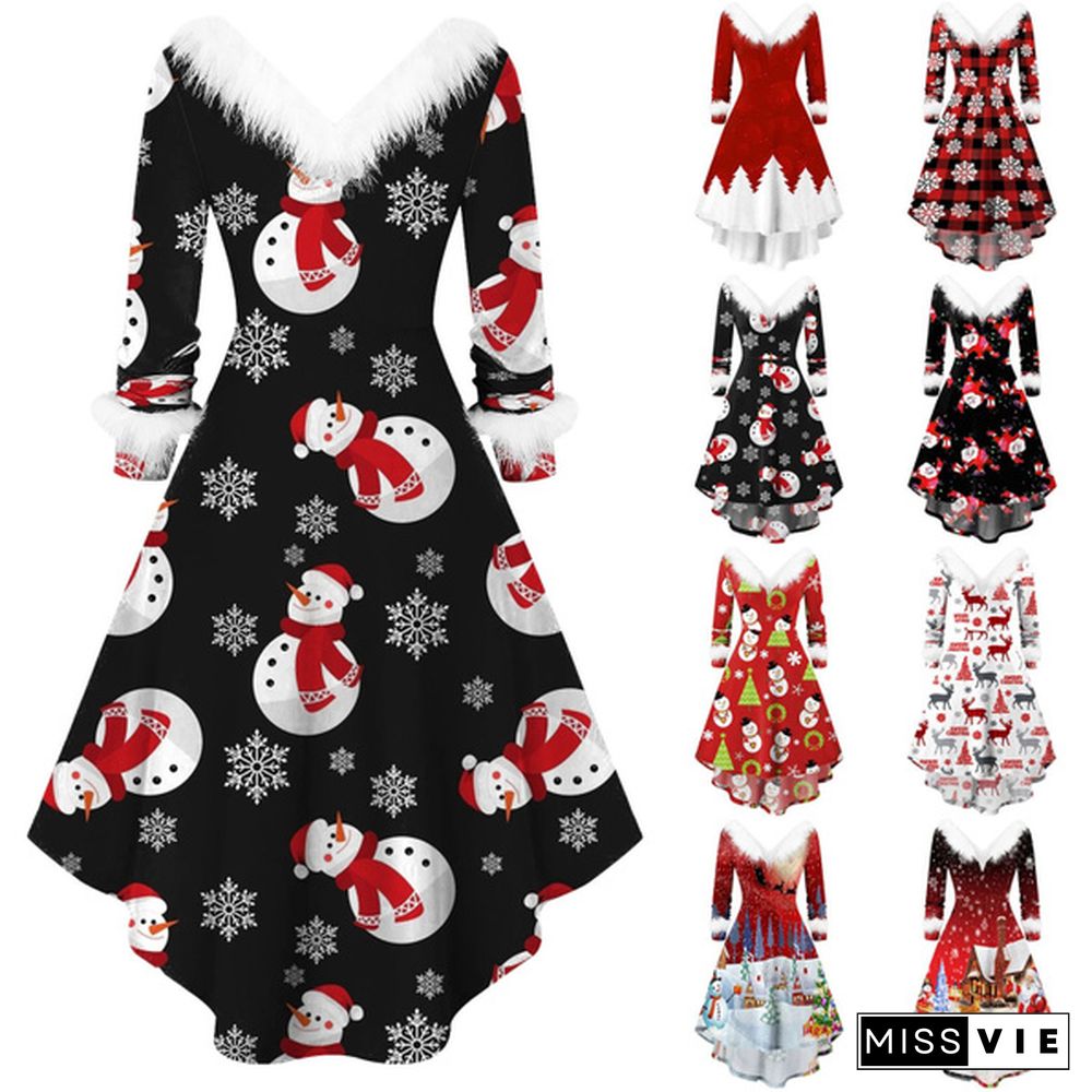 Plus Size Xs-5Xl Christmas Dress Fashion Women Long Sleeve Vintage Elegant V Neck Christmas Print Big Swing Party New Year Winter Clothes