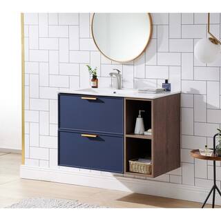 VAPSINT 36 in. W x 18 in. D x 24 in. H Wall Mounted Blue Bath Vanity with Brown Wood Grain Side Shelf with White Ceramic Sink VA-TMX001SLZMW-G90EL