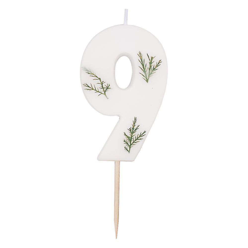 Number 9 Birthday Candle | Botanical Foliage Party Cake Decoration Green White