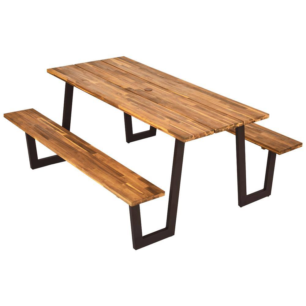 Costway Natural Rectangle Wood Picnic Table Dining Table Set with 2 Bench Seats and Umbrella Hole HW63853+