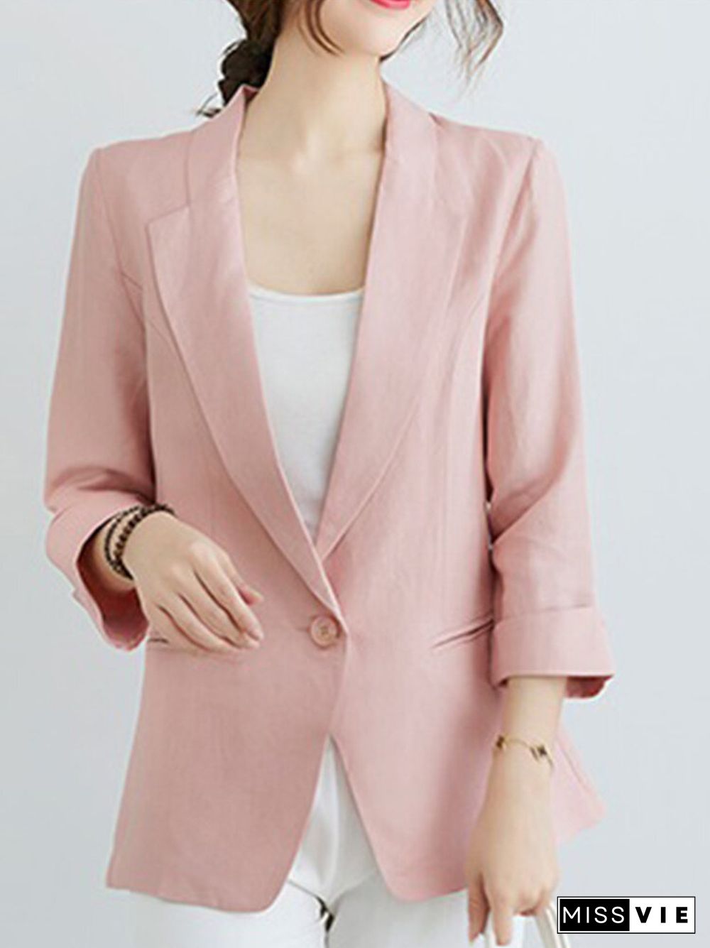 Solid Pocket Button Front Lapel 3\/4 Sleeve Blazer