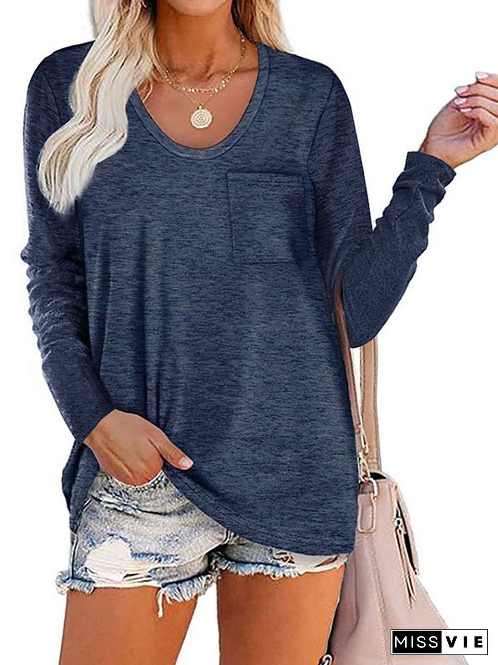 Long Sleeve Crew Neck Solid Casual T-shirt