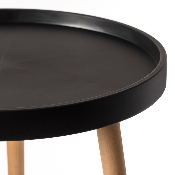 Modern Plastic Round Side Table Accent Coffee Table with Beech Wood Legs