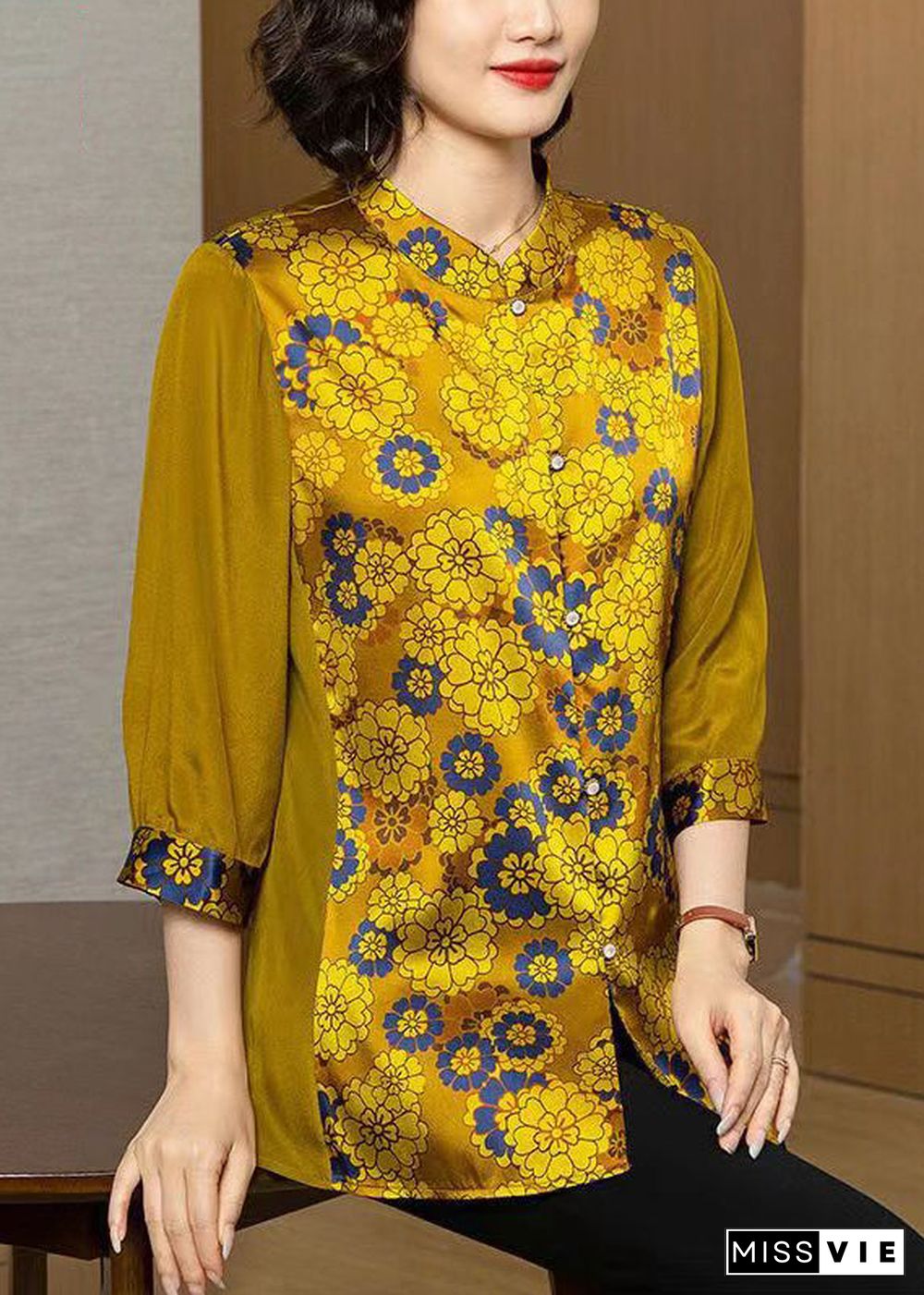 Women Yellow Print Button Patchwork Silk Shirt Bracelet Sleeve