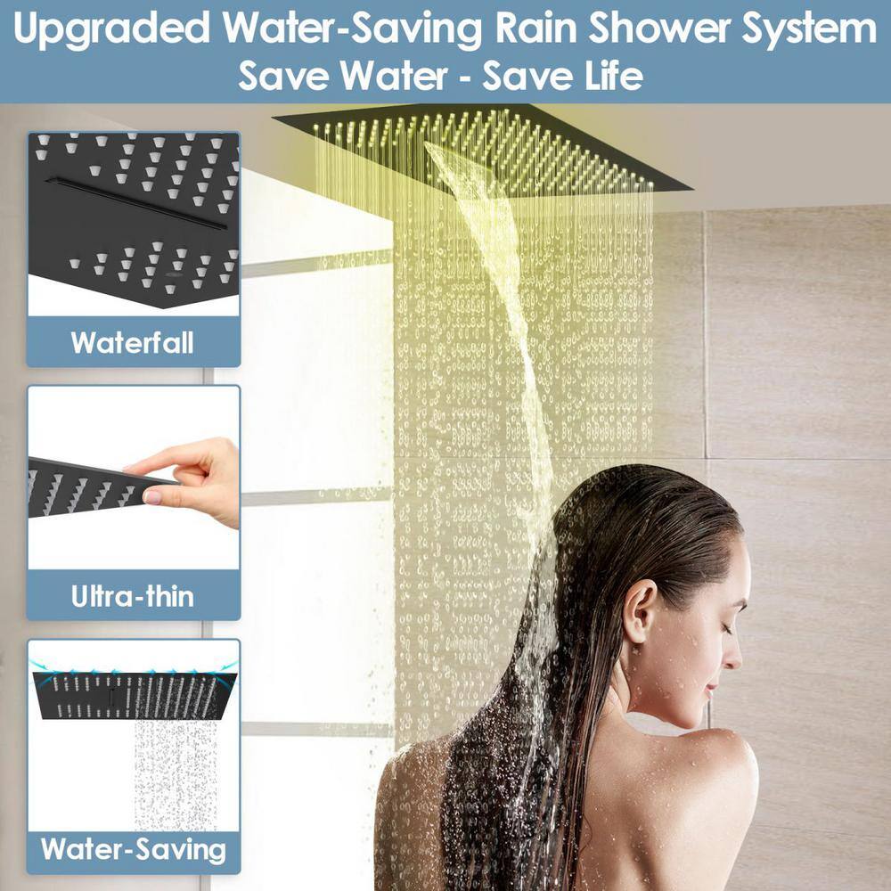 GRANDJOY LED Temperature Display with Valve 15-Spray Ceiling Mount 16 in. Fixed and Handheld Shower Head 2.5 GPM in Matte Black GJSFS-1027-BK16