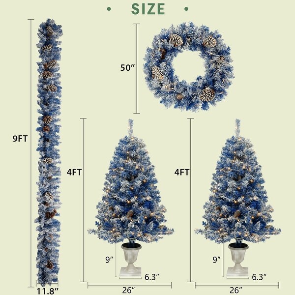 Artsy Prelit Xmas Tree Artificial Christmas 4Piece Set，Garland，Wreath and Set of 2 Entrance Trees Xmas with LED Lights