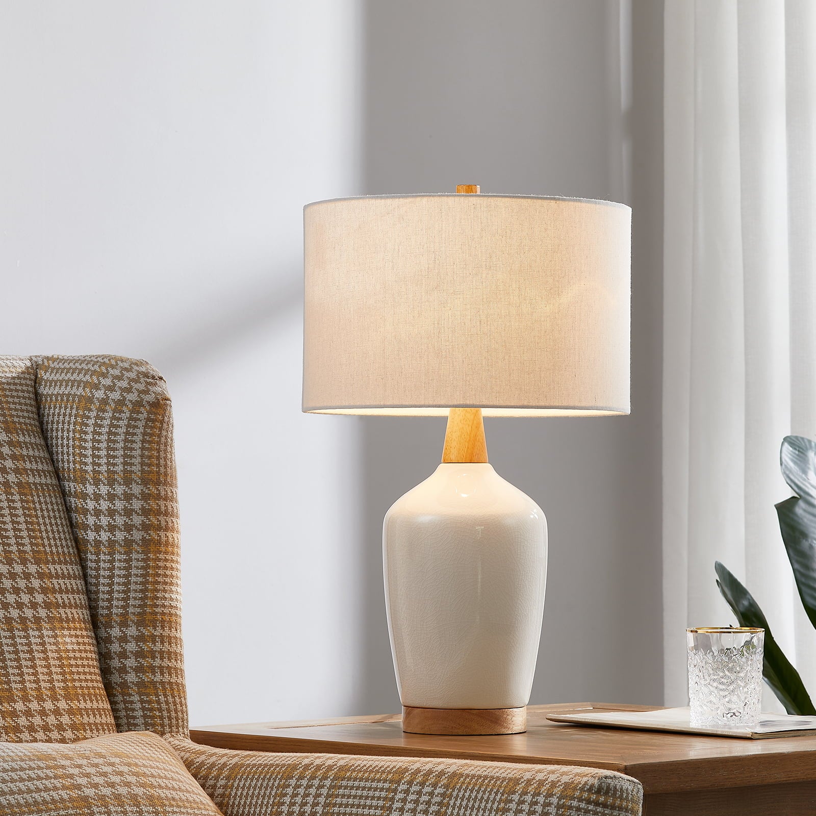 KYRID 22.5'' White Ceramic Table Lamp with Fabric Shade,Natural Wood Finish