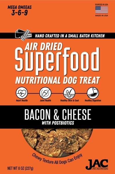 JAC Pet Nutrition Air-Dried Bacon and Cheese Superfood Dog Treat， 8-oz pouch