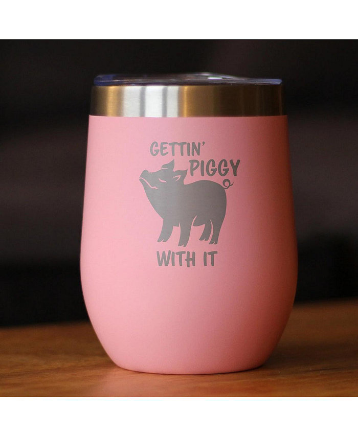 Bevvee Gettin Piggy With It - Wine Tumbler Glass with Sliding Lid - Stainless Steel Insulated Mug - Cute Pig Decor Gifts