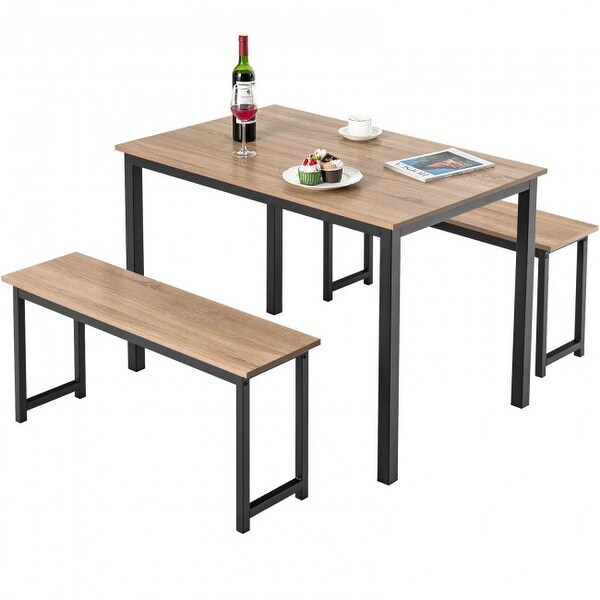 3 Pieces Modern Dining Table Bench Set with Wooden Tabletop and Metal Frame