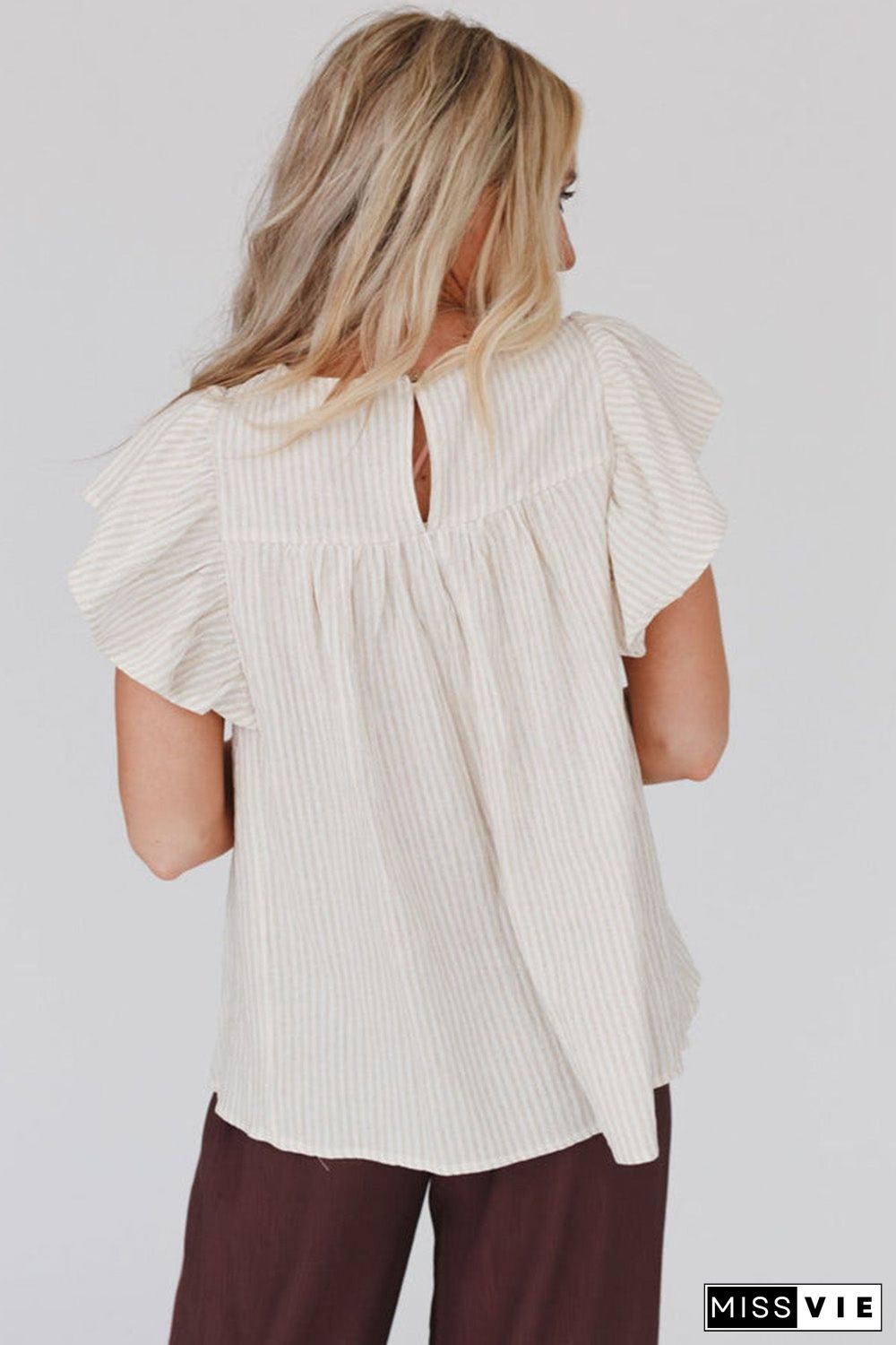 Stripe Ruffled Sleeve Embroidered Blouse