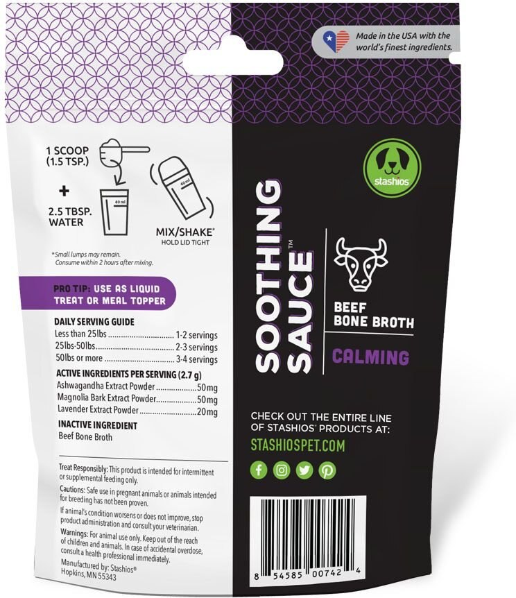 Stashios Soothing Sauce Beef Flavor Calming Powder Supplement for Dogs and Cats， 3-oz bag