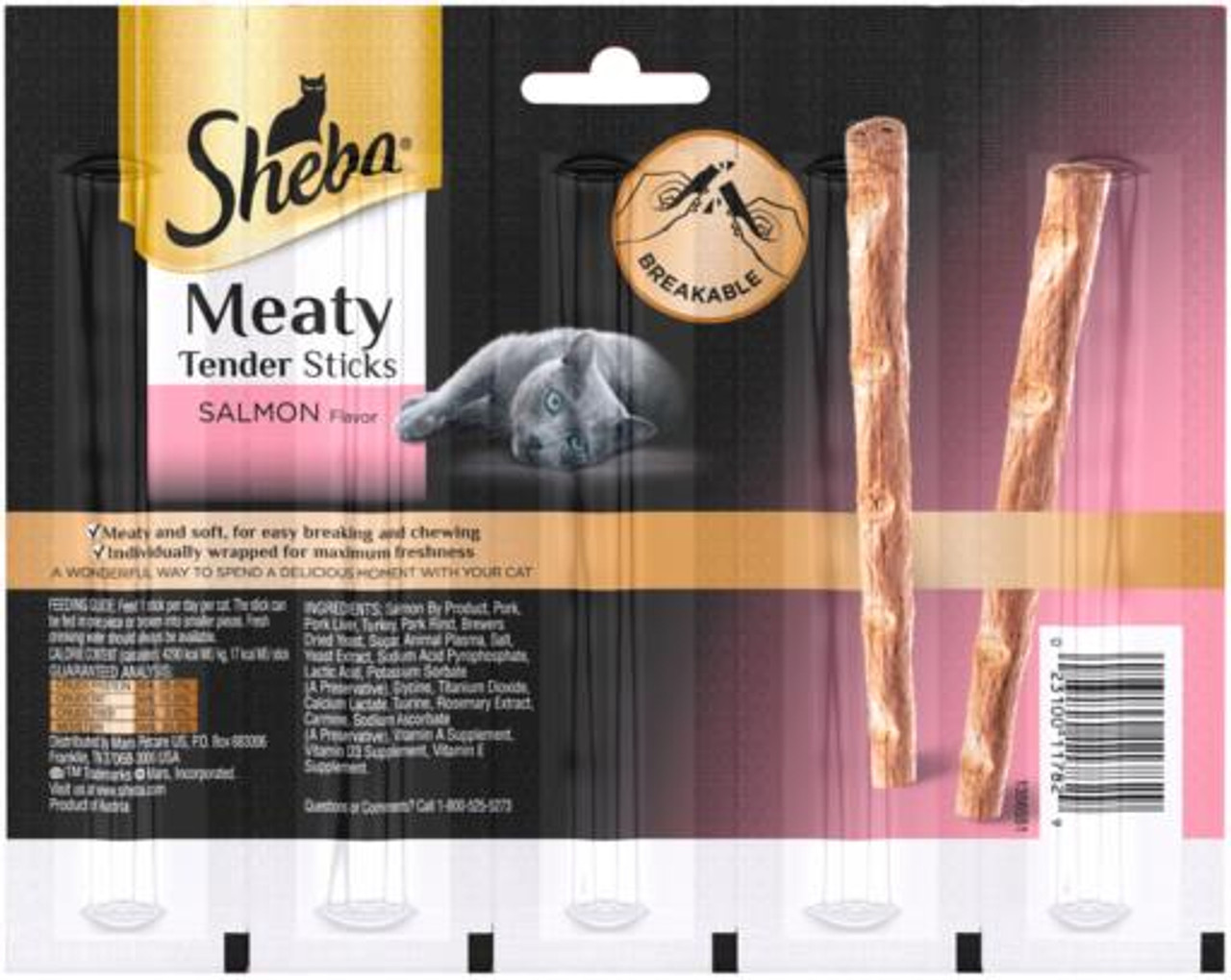 Sheba Meaty Tender Salmon Sticks Cat Treats， 5 Pack