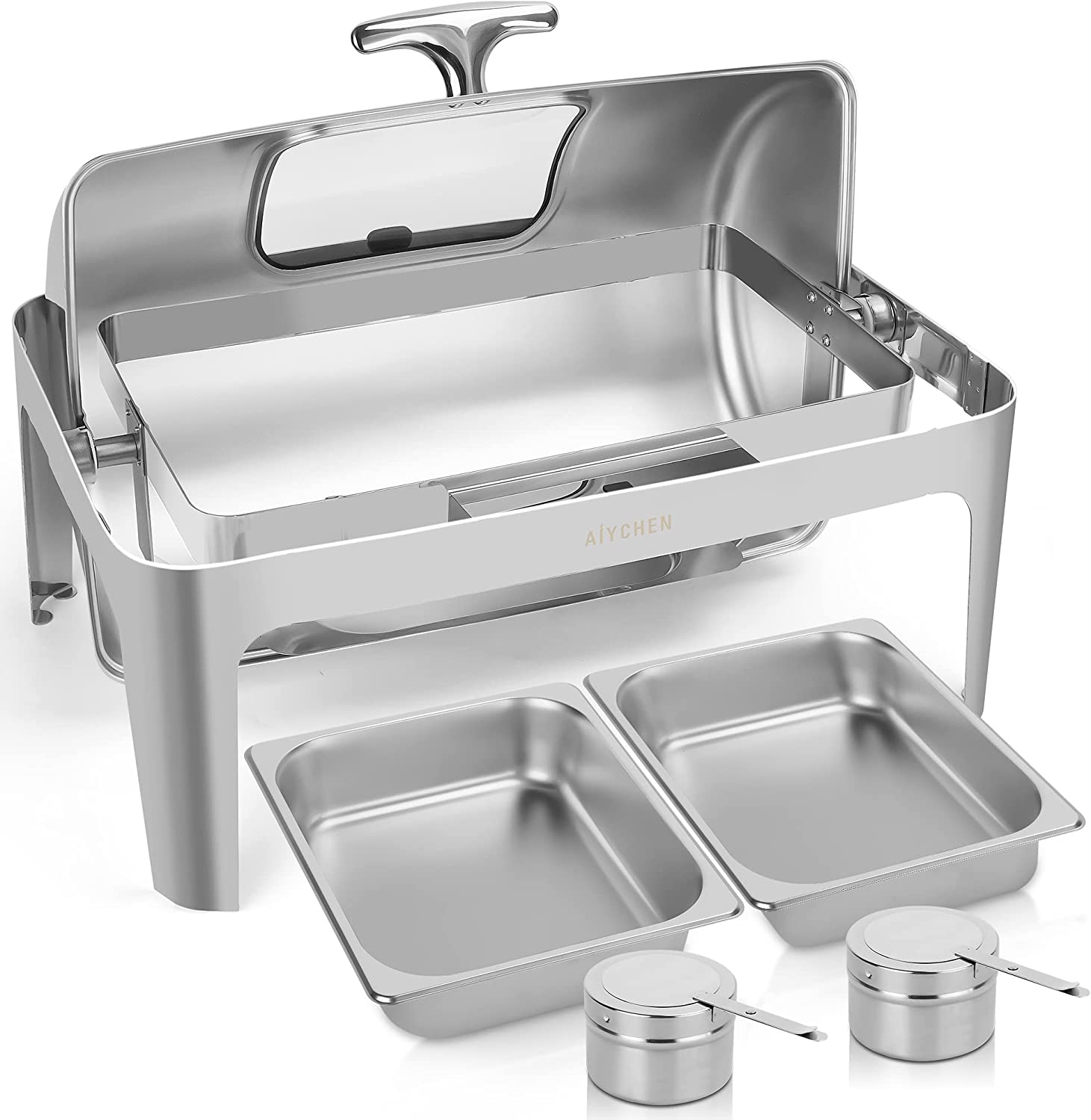 Lafati Luxury Chafing Dish Buffet Set: 9 QT Chafers and Buffet Warmers in High-Grade Stainless Steel with Gas Container， Visual Lid， Spoon， Temperature Control， for Exquisite Event Supplies (2 Pan)