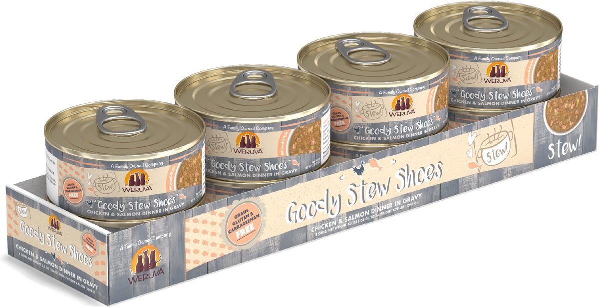 Weruva Classic Cat Goody Stew Shoes Chicken and Salmon in Gravy Stew Canned Cat Food