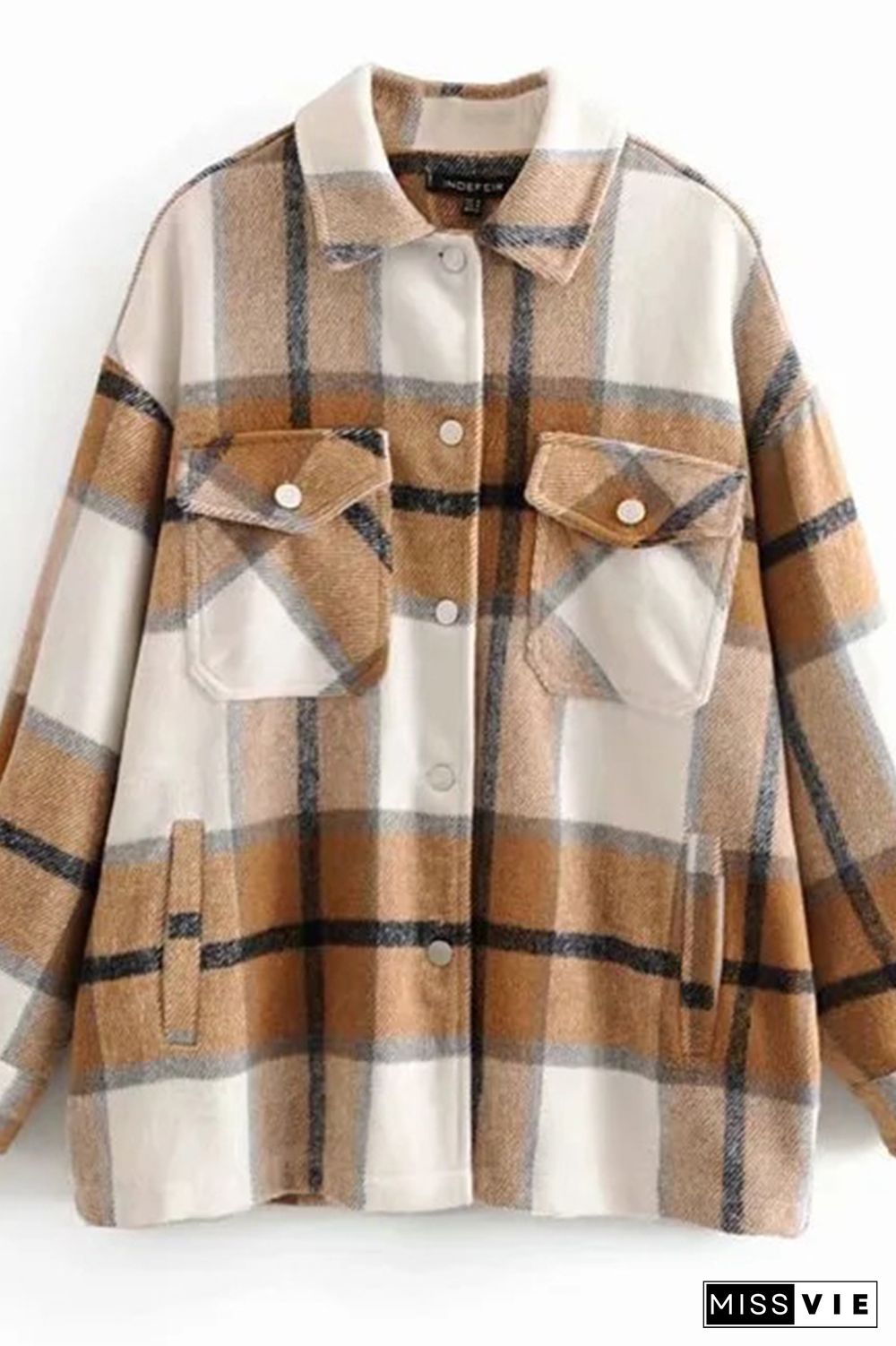 Plaid Button Down Pocketed Shacket Jackets Women Wholesale