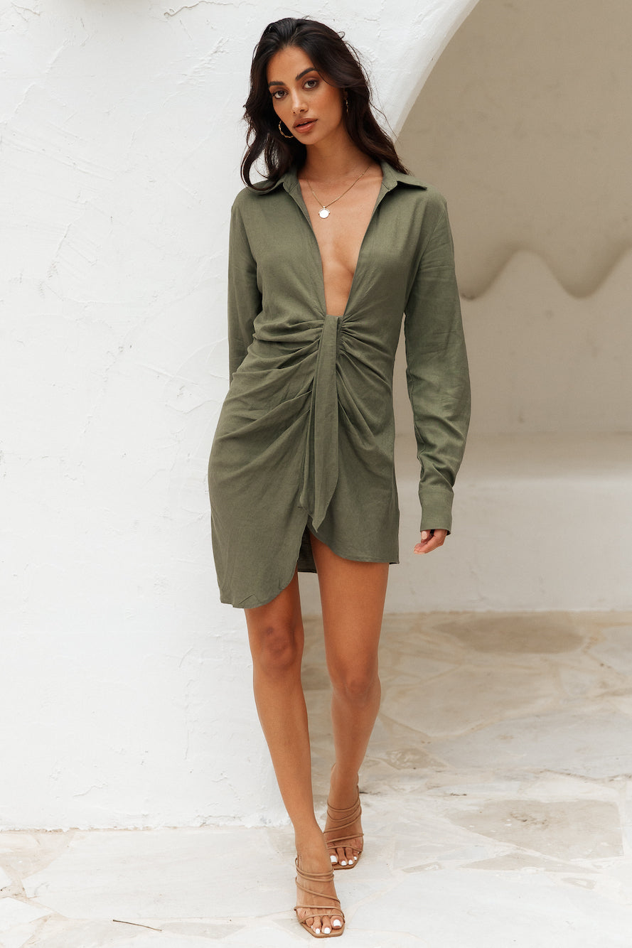 LIONESS Valencia Plunge Dress Khaki