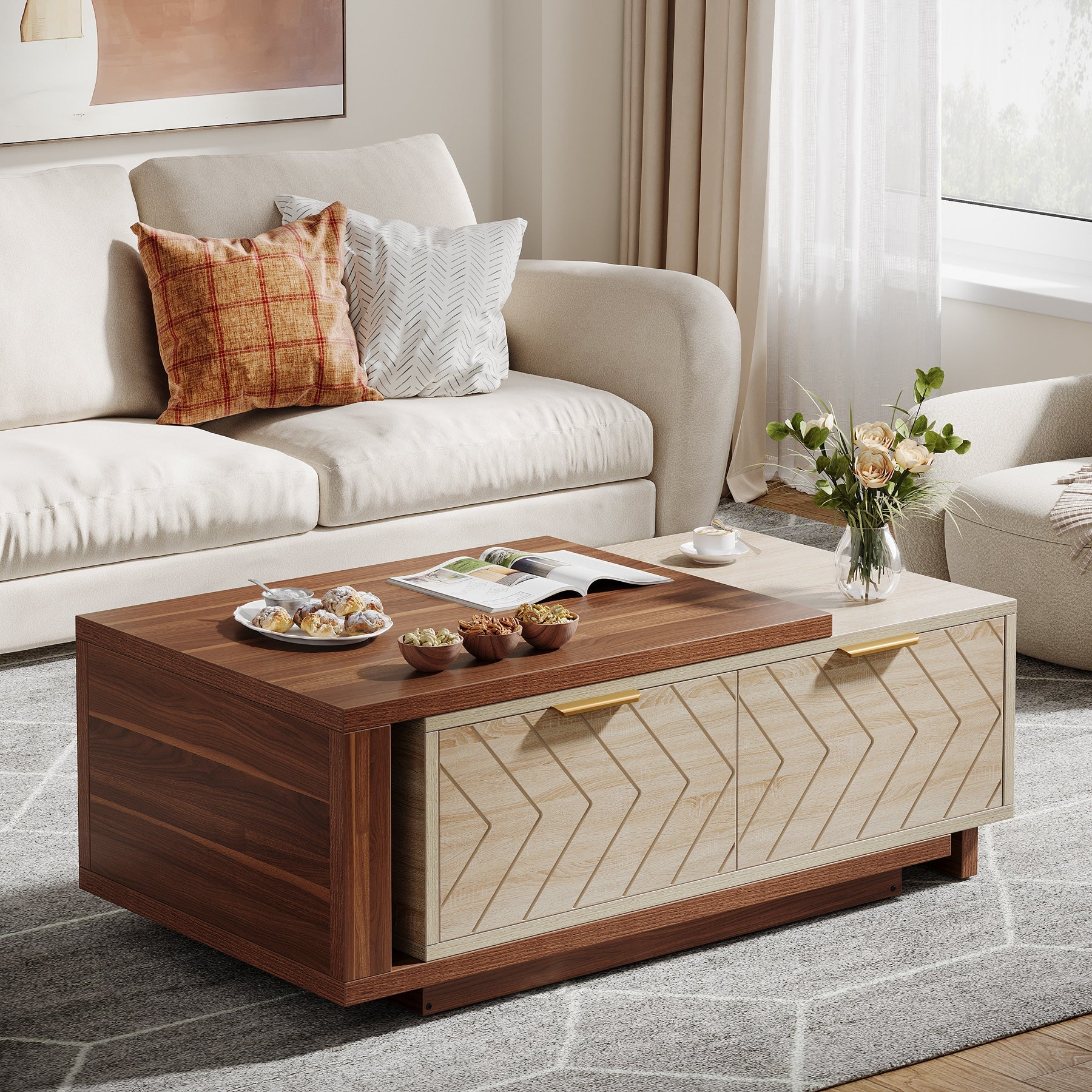 Extendable Coffee Table, Center Table Cocktail Table with 2 Storage Drawers