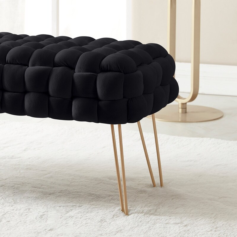 Mirage Modern Contemporary Woven Upholstered Velvet Long Bench Ottoman with Gold Metal Legs