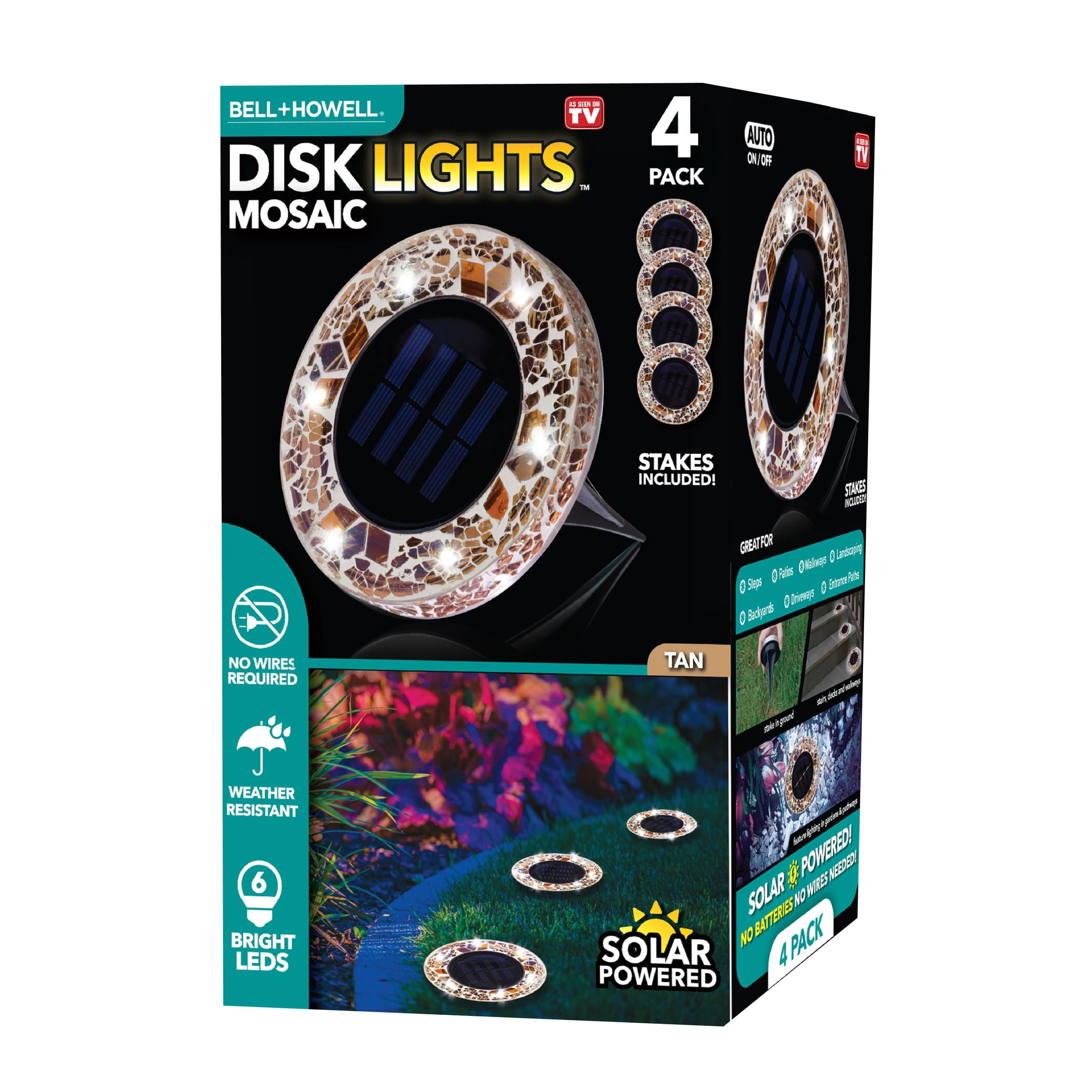 Bell+Howell Mosaic Disk Lights Solar Powered Disk Lights 4 Pack Tan