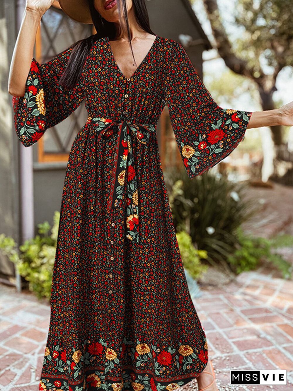 Bohemian Floral Print Belt Ruffle Sleeve Maxi Dress