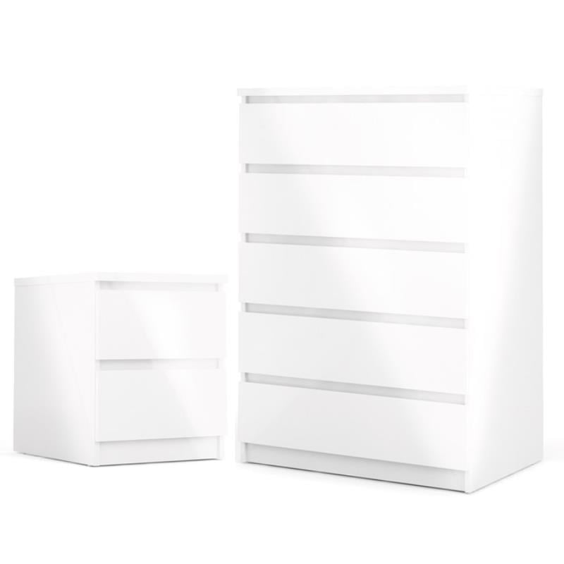 Home Square Contemporary Design 2 Piece Bedroom Set 5 Drawer Chest and Nightstand in High Gloss White