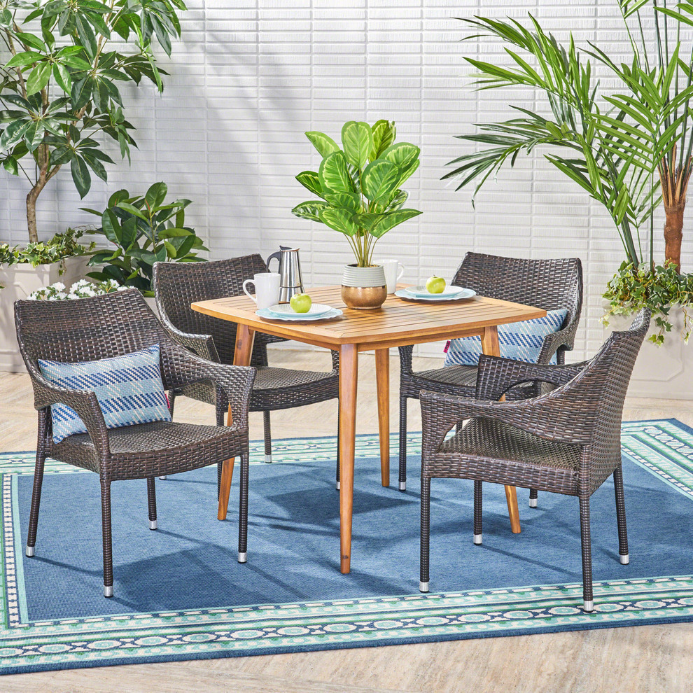 GDF Studio 5 Piece Nash Outdoor Wood and Wicker Dining Set  Teak and Multi Brown   Tropical   Outdoor Dining Sets   by GDFStudio  Houzz