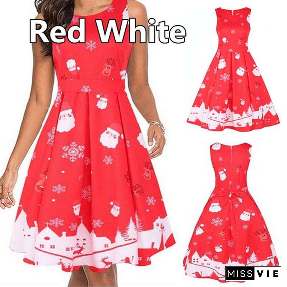 Christmas Dresses for Women Sleeveless Cocktail A-Line Xmas Santa Claus Snowflake Christmas Party Dress Retro Vintage Style Cocktail Party Swing Dresses