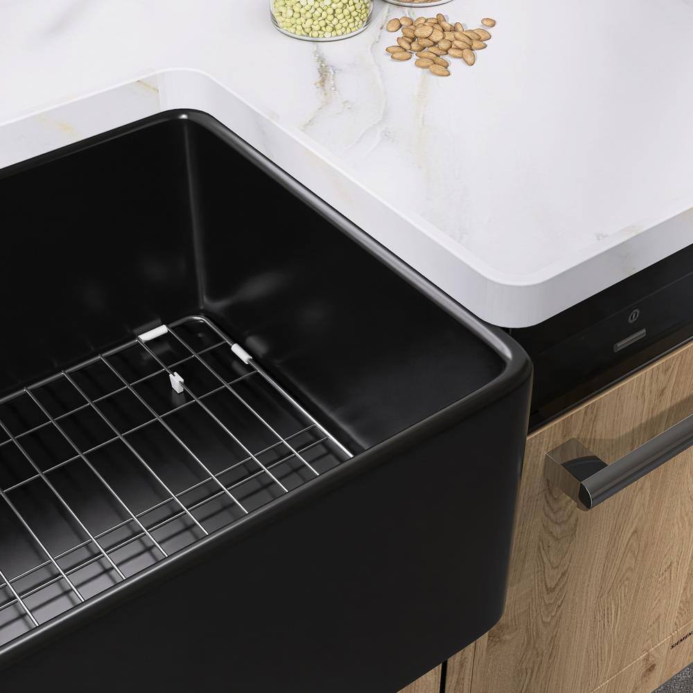 Zeafive 36 in. Fireclay Farmhouse Apron Front Single Bowl Kitchen Sink Matte Black With Bottom Grid and Strainer ZFC3618-B2