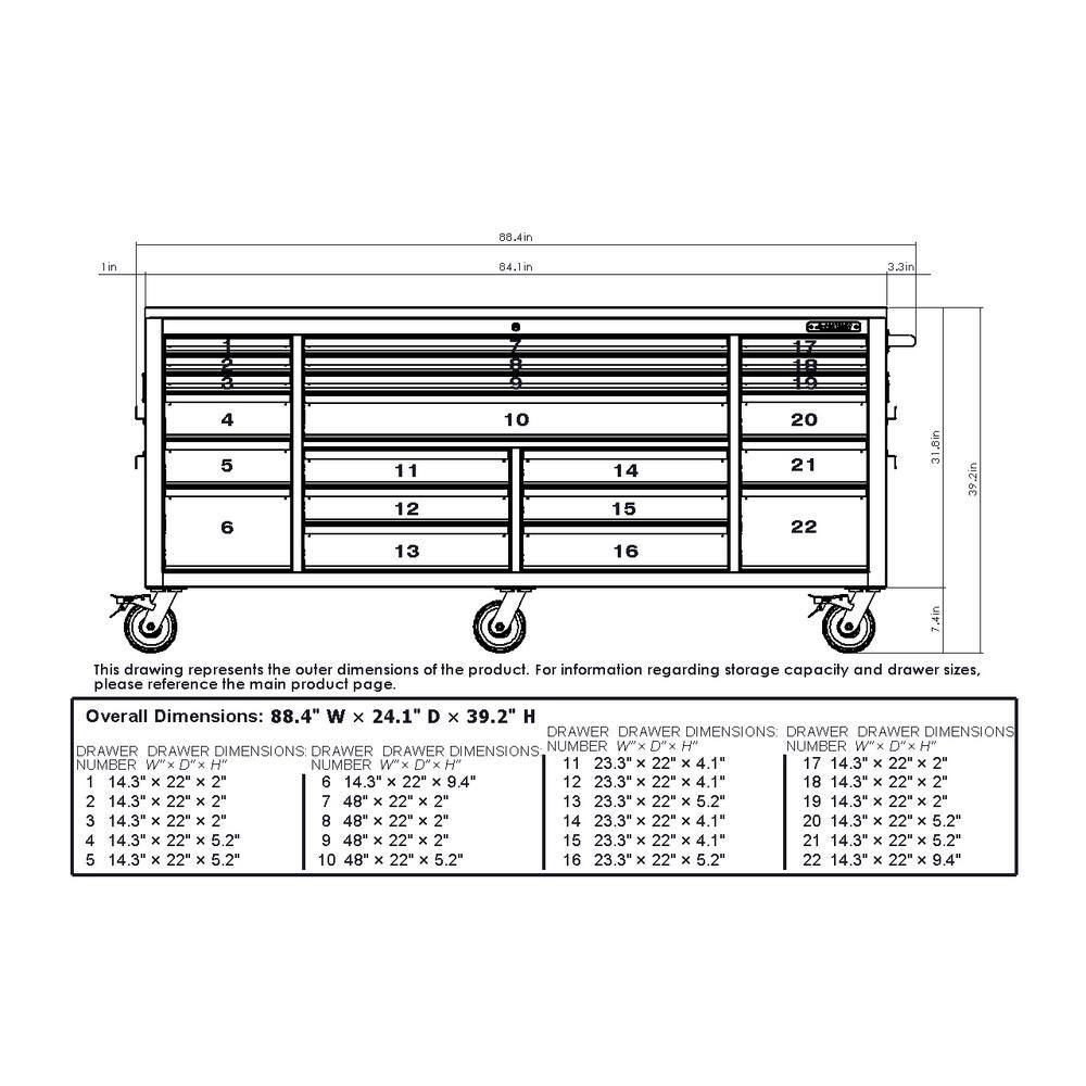 Husky 84 in. x W 24 in. D Heavy Duty 22-Drawer Mobile Workbench Tool Chest with Stainless Steel Work Top in Matte Black HOTC8422BB1M