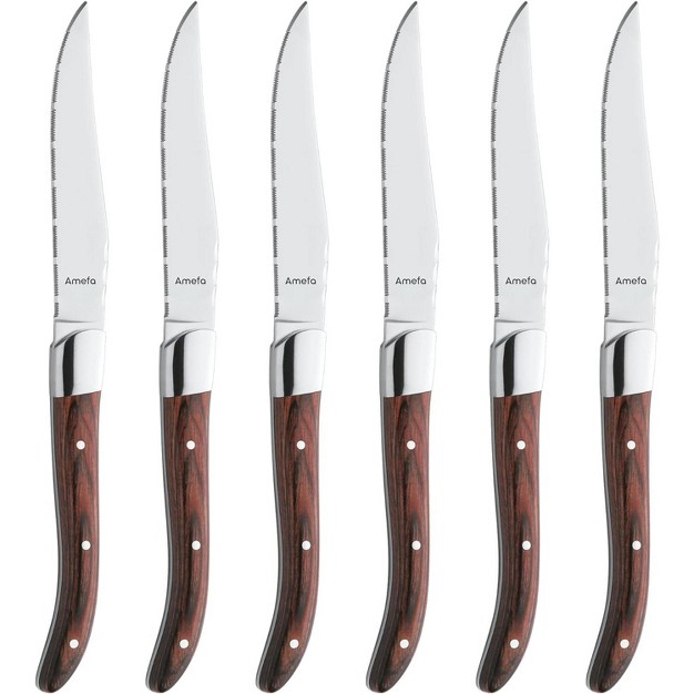 Amefa Royal Steak Knives Set Of 6 Hardened Stainless Steel Triple Rivet Pakka Wood Ergonomic Handle Design Serrated Edge 4 Inch Blade Steak Knife