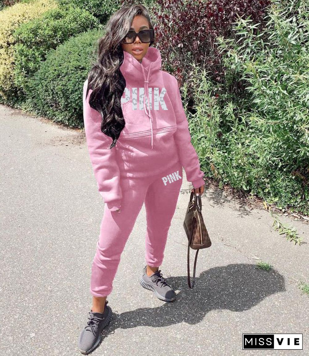 PINK Letter Hoodies Sweatshirt Long Pants 2 Piece Set