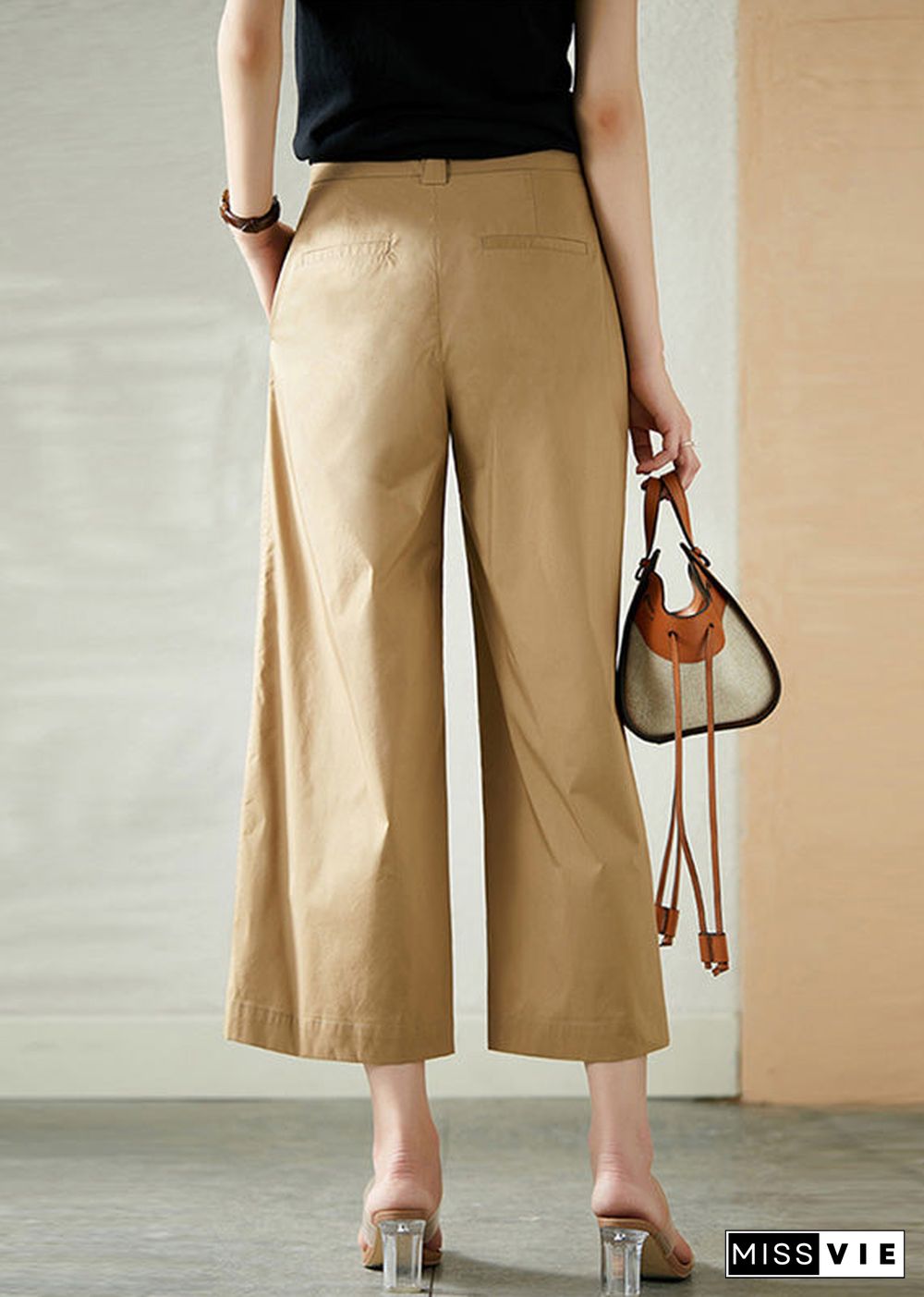 Women Khaki High Waist Button Crop Pants Summer