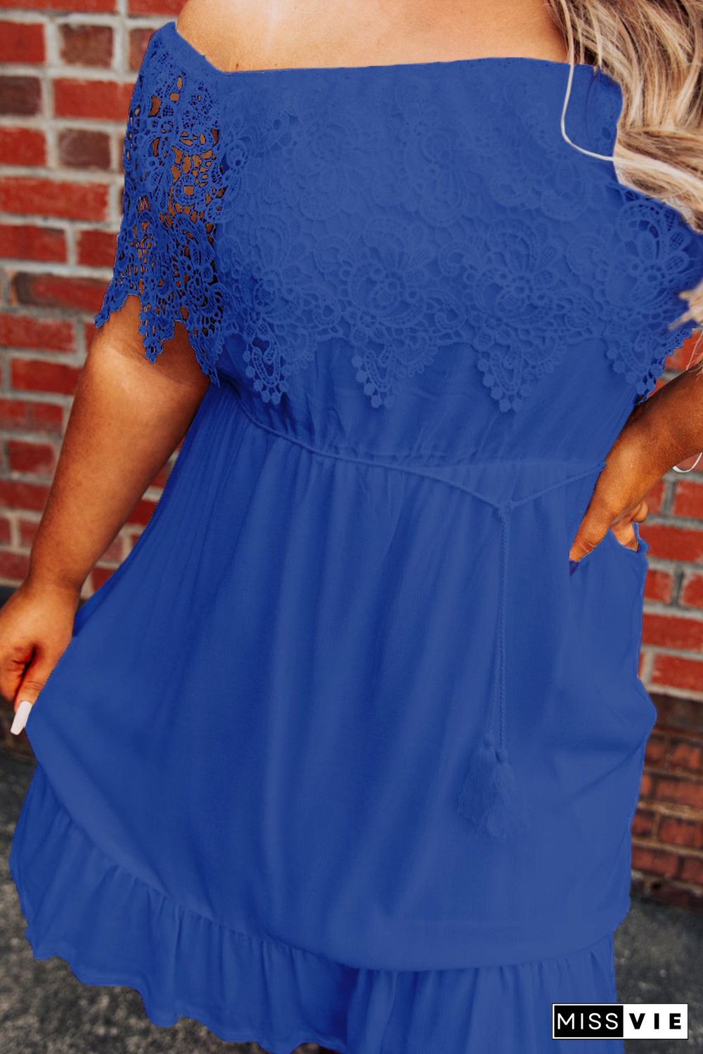 Blue Off-the-shoulder Lace Sleeves Plus size Dress