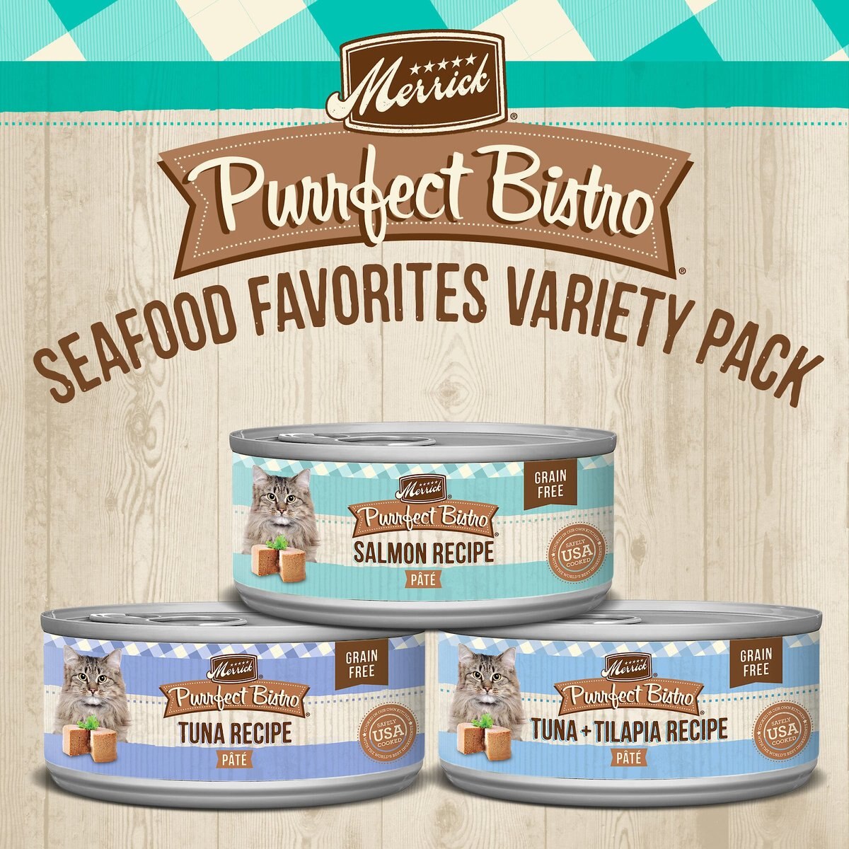 Merrick Purrfect Bistro Tuna， Salmon and Tuna + Tilapia Recipe Variety Pack Grain-Free Pate Canned Cat Food， 3-oz， case of 24